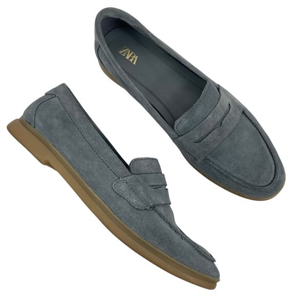Zara Gray Suede Loafers - Picture 1 of 11
